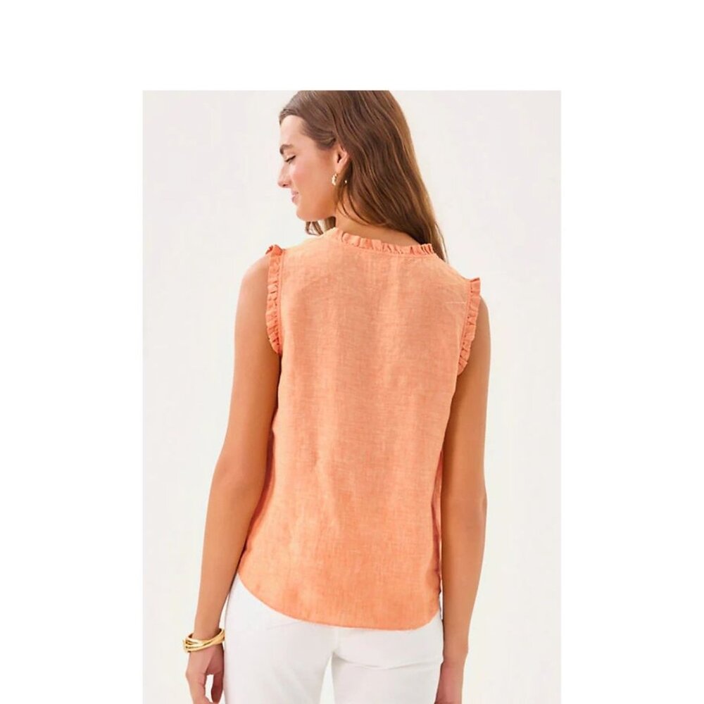 Lilly Pulitzer NWT Kavalla Linen Top • Papaya X Resort White • Size M • Ruffle - Picture 2 of 4